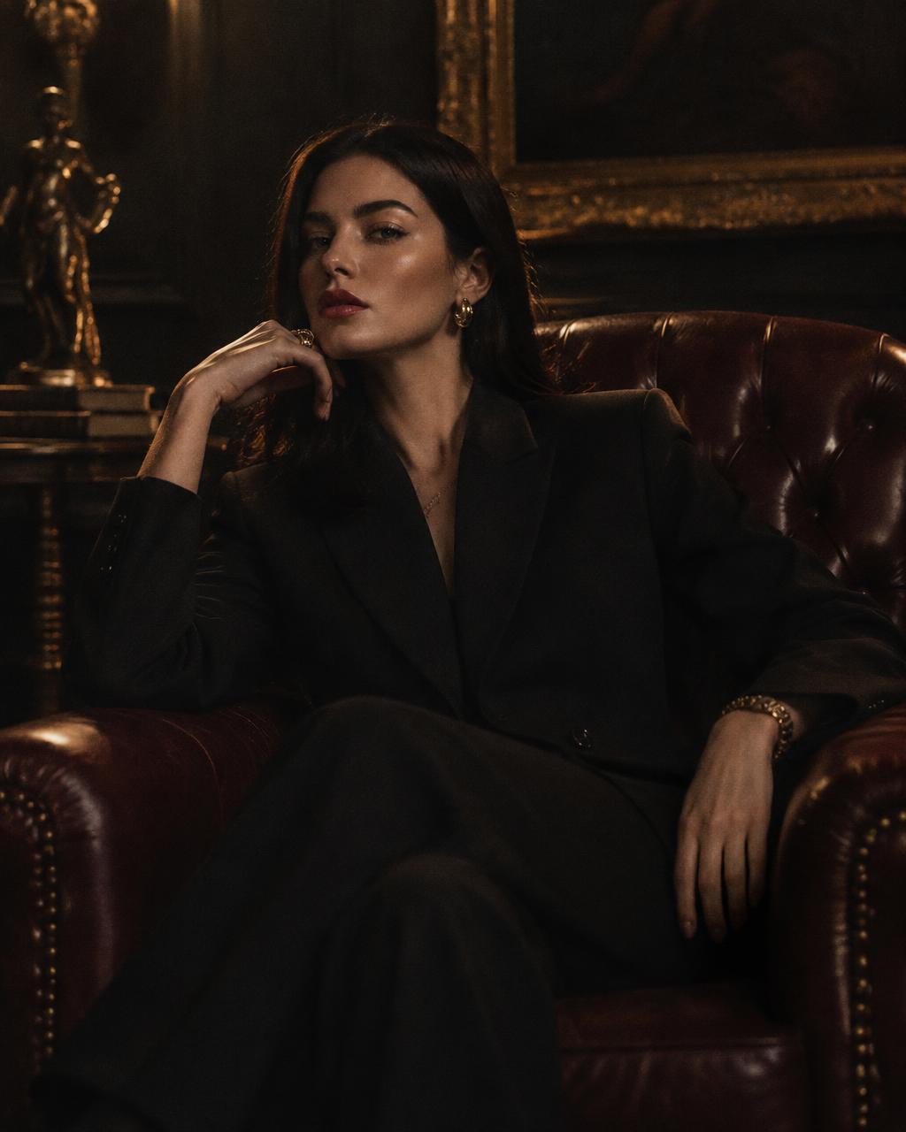 Portrait of the fictional Vesper Noir seated in an oxblood leather armchair
