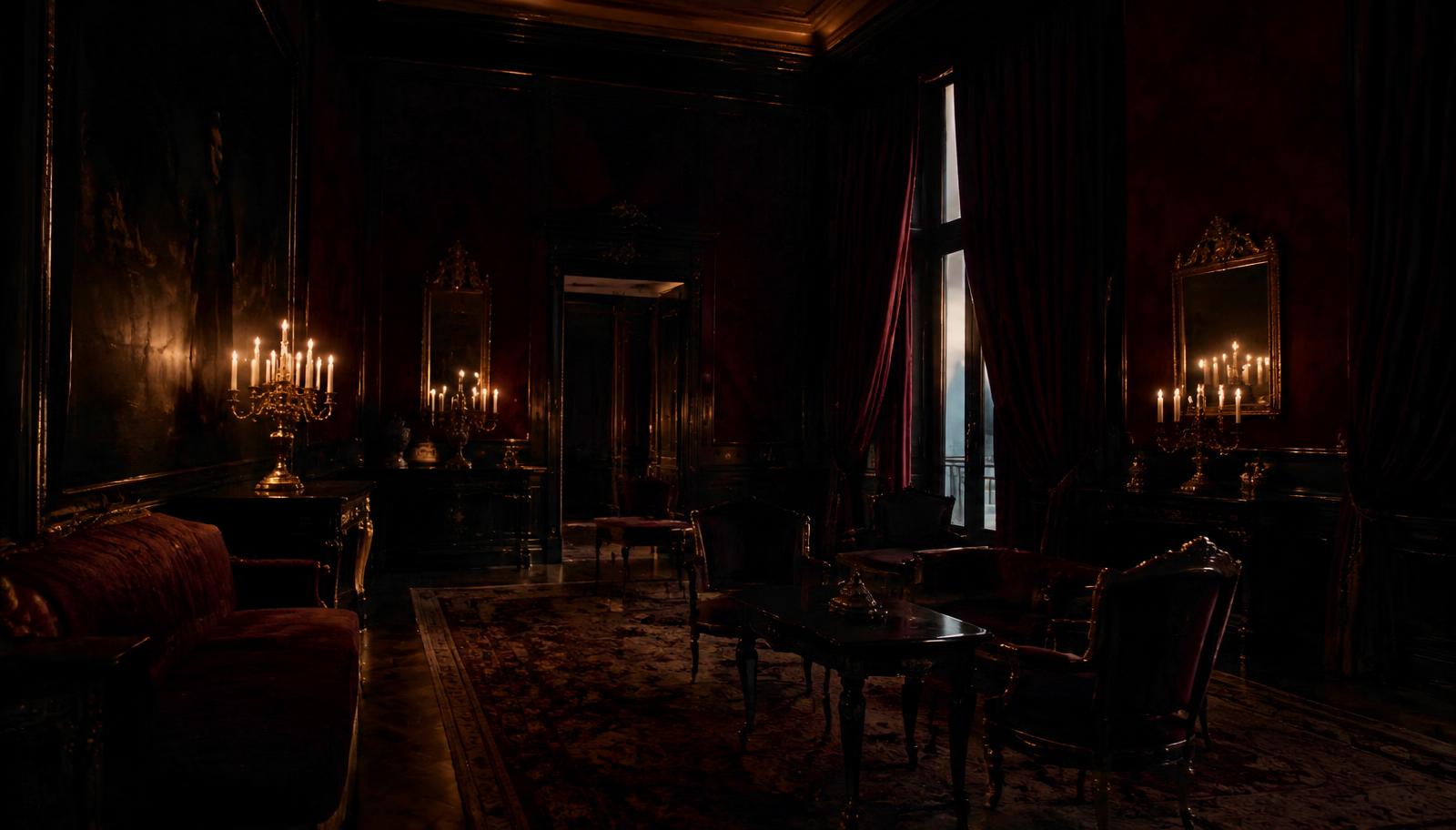 A candlelit salon with oxblood velvet walls